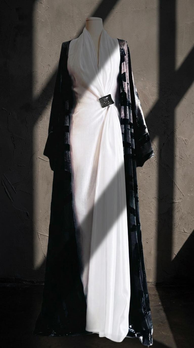 تآلف بين بياض الساتان الانسيابي وهيبة العباءة الراقية. قطعة صُممت لتمثّل الحضور الطاغي في مناسباتكِ القادمة، حيث تجتمع البساطة مع الفخامة في تصميم واحد.